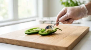 How to make jalapeno popper mummies preparation showing a gloved hand using a small metal spoon to carefully scoop out seeds and white membrane from a halved green jalapeno on a light oak wood cutting board.