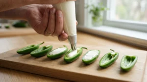 Jalapeno popper appetizers preparation showing a hand using a piping bag with a metal tip to delicately fill fresh green halved jalapenos with smooth cream cheese on a light oak wood cutting board by a window.