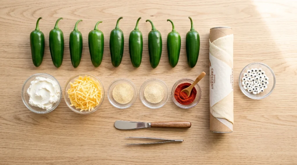 Jalapeno popper crescent rolls ingredients flat lay showing a row of fresh green jalapenos, a can of crescent dough, edible candy eyes, and clear glass bowls containing cream cheese, shredded cheese, and spices on a light oak wood table.