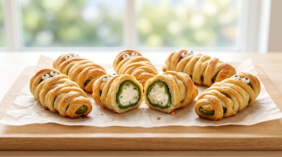 Jalapeno popper mummies recipe showing freshly baked crescent dough wrapped stuffed peppers on parchment paper over a light oak wood board, with one mummy cut in half revealing the smooth cream cheese filling.