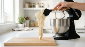 Overnight croissants recipe preparation showing a hand using a spatula to lift smooth, slightly tacky dough from a black stand mixer bowl over a wooden cutting board in a bright kitchen.