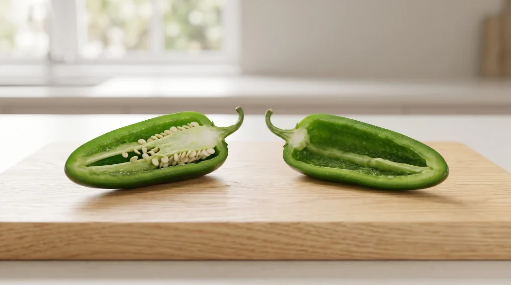 Spicy halloween appetizers preparation showing a comparison of two halved green jalapenos on a light oak wood cutting board, one with its white membrane and seeds fully intact and the other completely scraped clean.